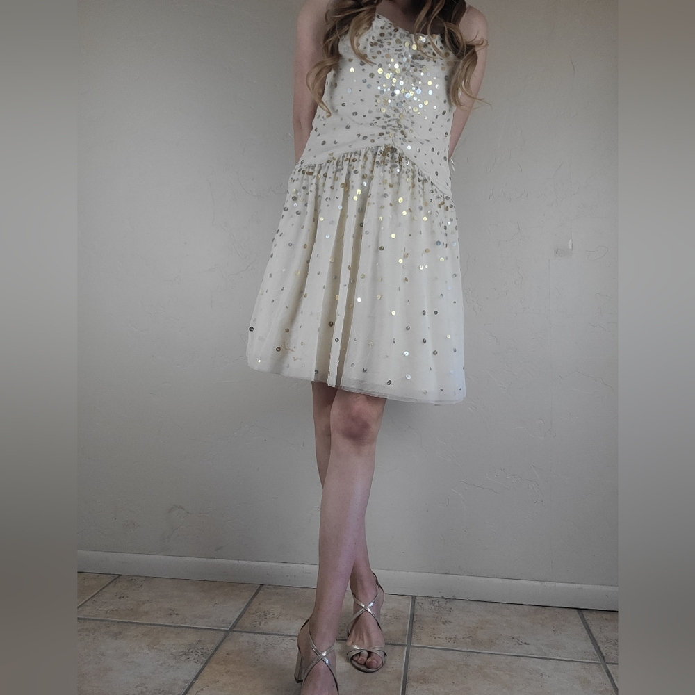 NWT BCBG Mazazria Cream Sparkly Sequined Tulle Prom Homecoming Cute Dress Size 0